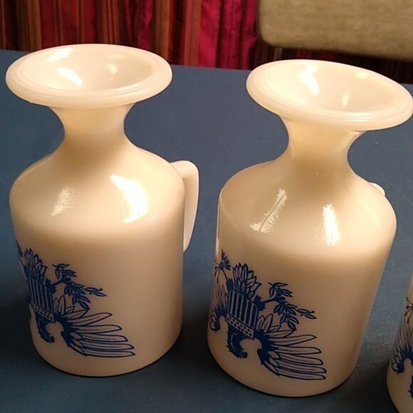 Milk Glass White and Blue Drinkware Set with Pedestal Design - Picture 6 of 8